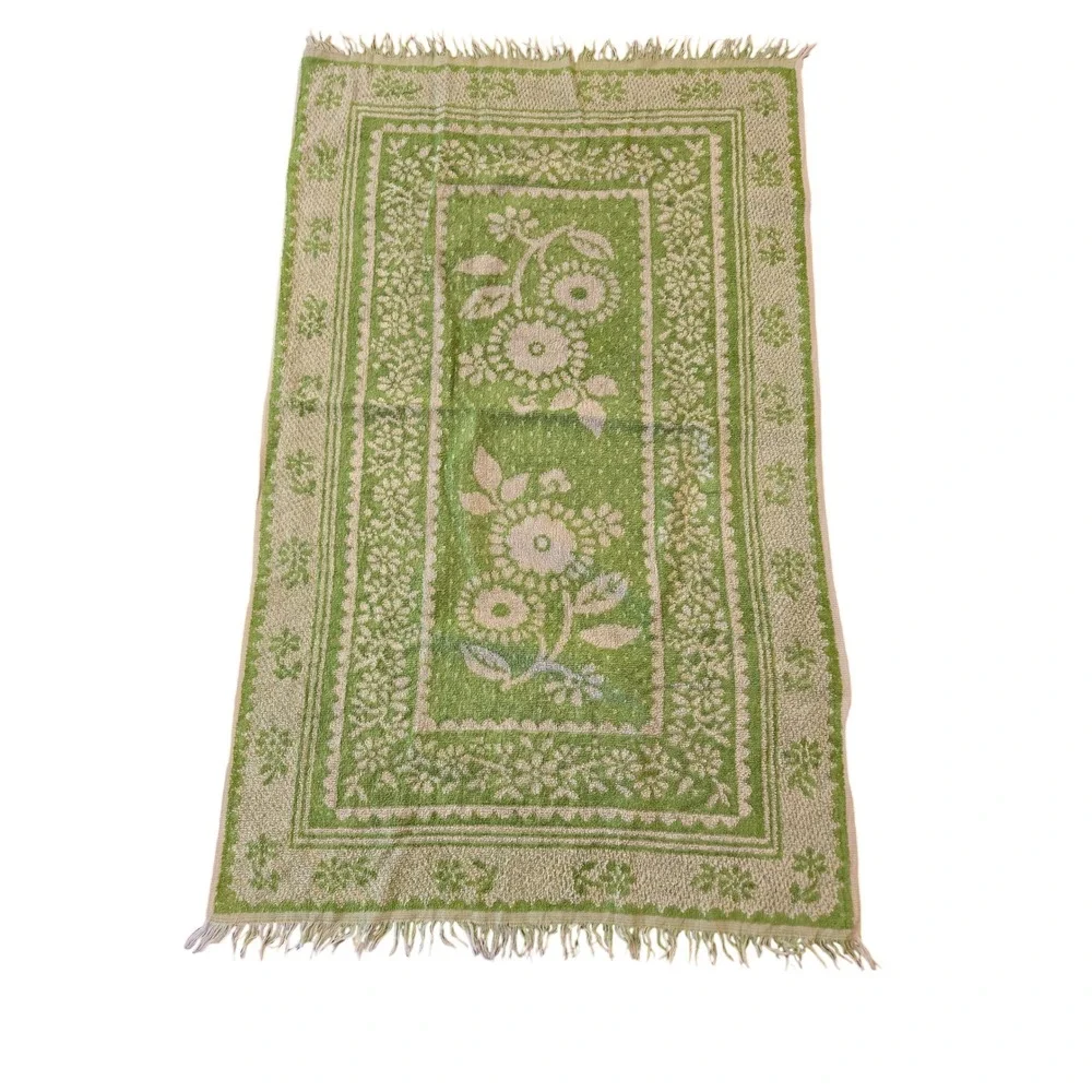 Vintage Lady Pepperell Towels  Green Floral Fringe  USA  Set of 2